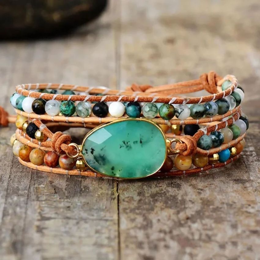 Natural Green Jade, Jasper & Moss Agate Wrap Bracelet