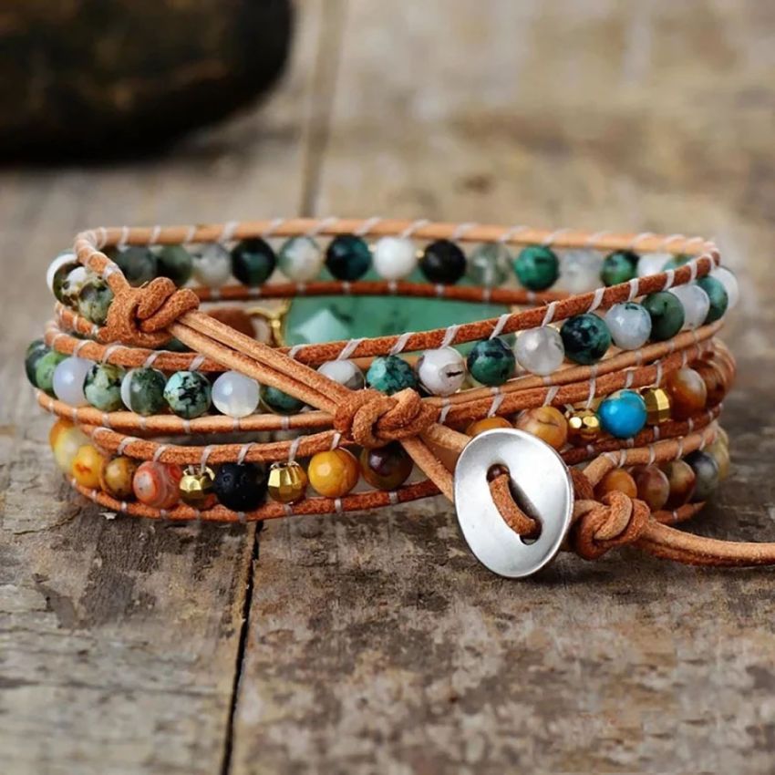 Natural Green Jade, Jasper & Moss Agate Wrap Bracelet