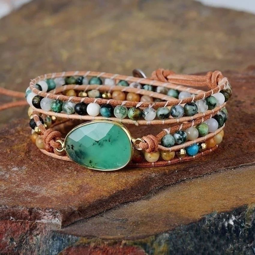 Natural Green Jade, Jasper & Moss Agate Wrap Bracelet