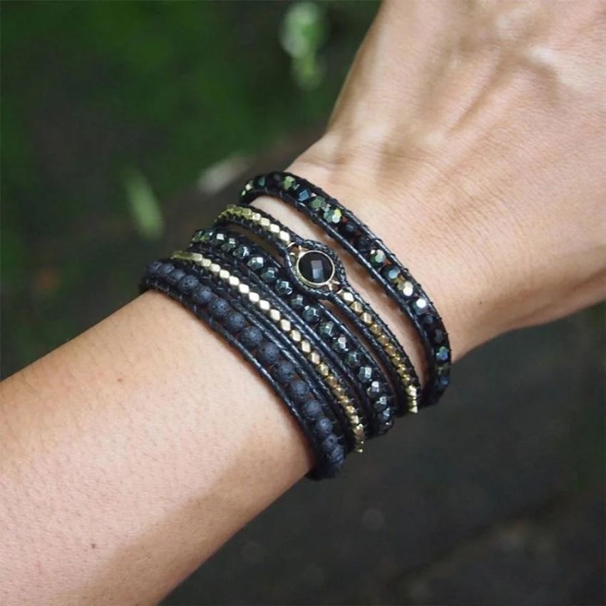 Handmade Natural Black Lava Stone & Hematite Wrap Bracelet