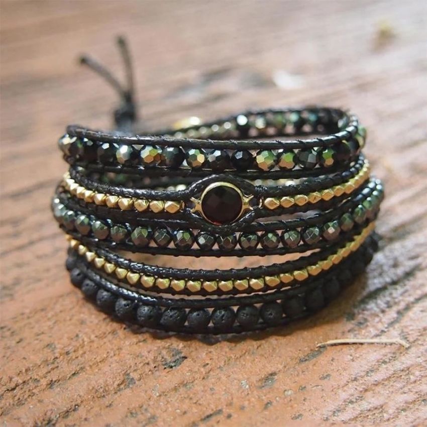 Handmade Natural Black Lava Stone & Hematite Wrap Bracelet