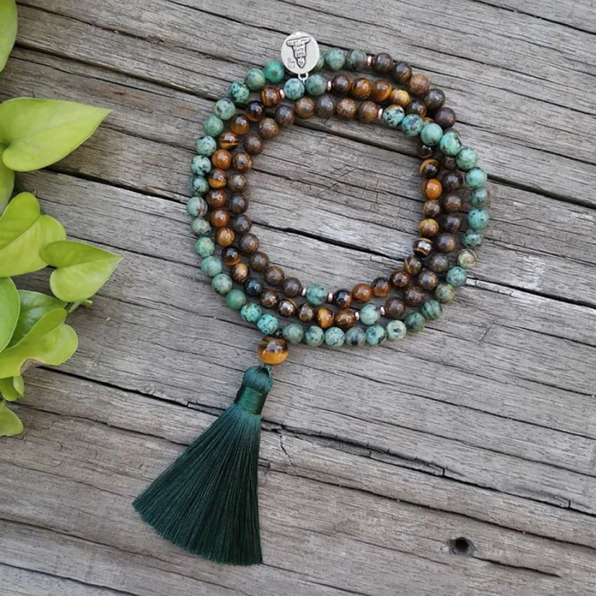 108 Natural Tiger Eye, Bronzite & African Turquoise Mala Beads