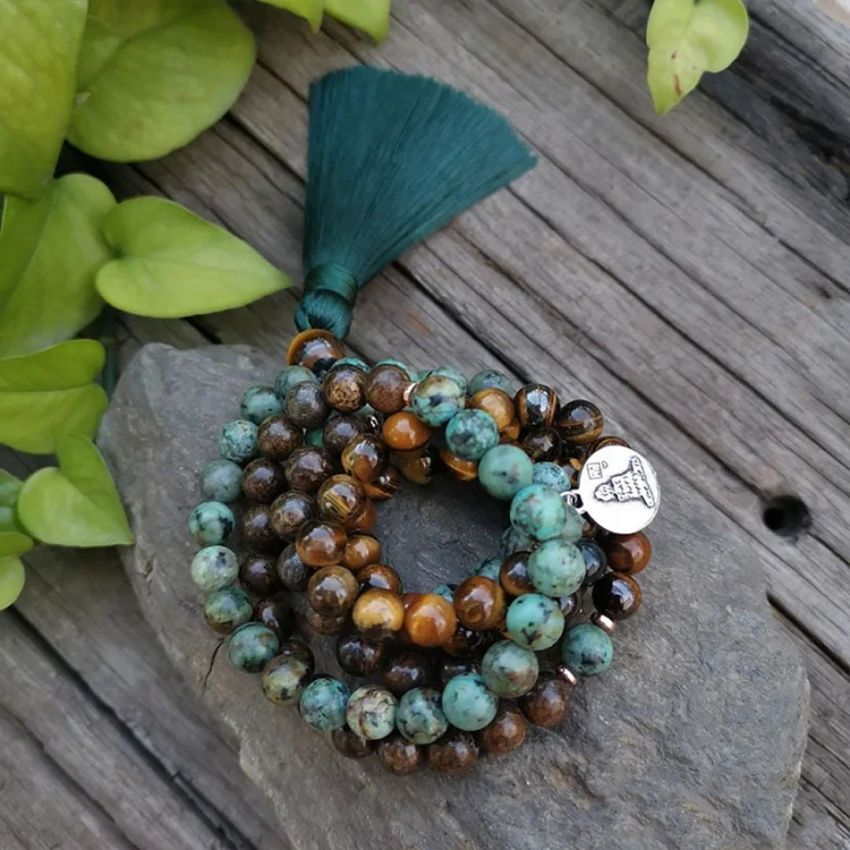 108 Natural Tiger Eye, Bronzite & African Turquoise Mala Beads