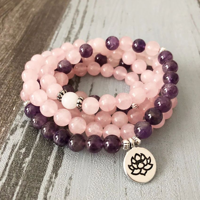 108 Bead Amethyst & Rose Quartz Mala Bracelet – with Spiritual Charm