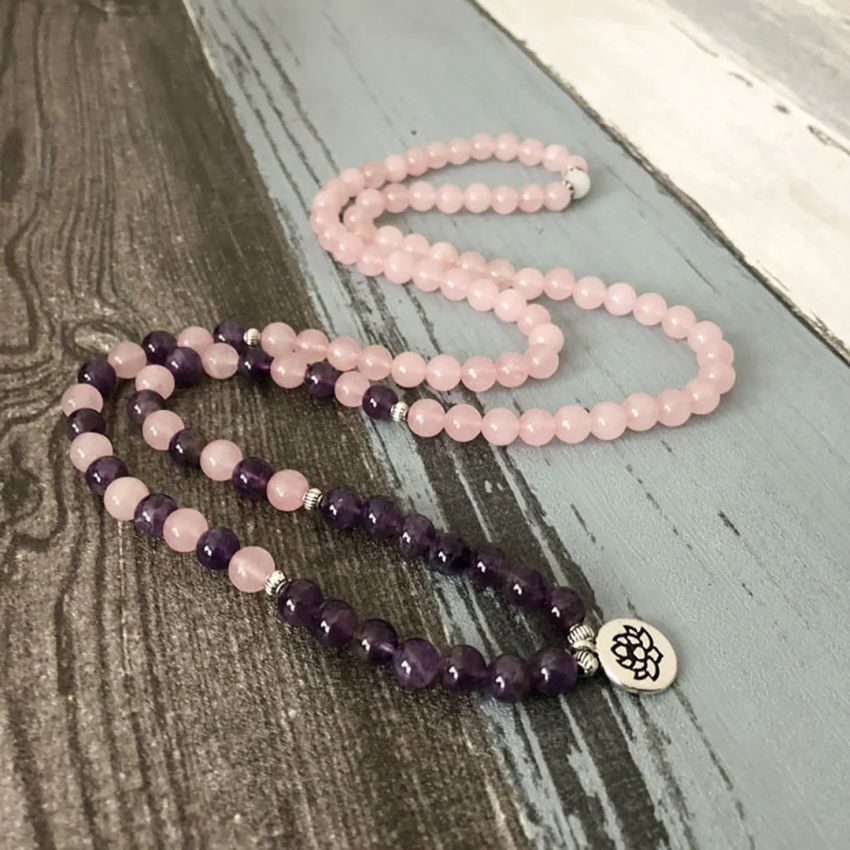 108 Bead Amethyst & Rose Quartz Mala Bracelet – with Spiritual Charm