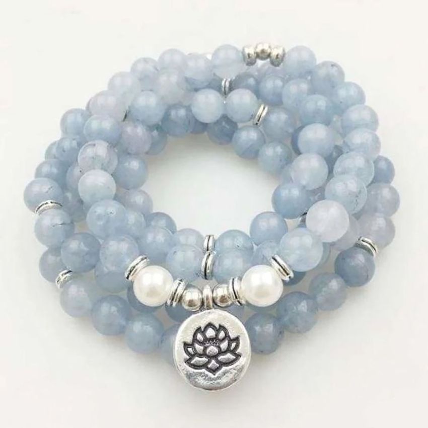 108 Bead Calcite & Freshwater Pearl Mala Bracelet – with Spiritual Charm