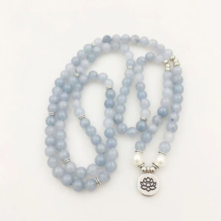 108 Bead Calcite & Freshwater Pearl Mala Bracelet – with Spiritual Charm