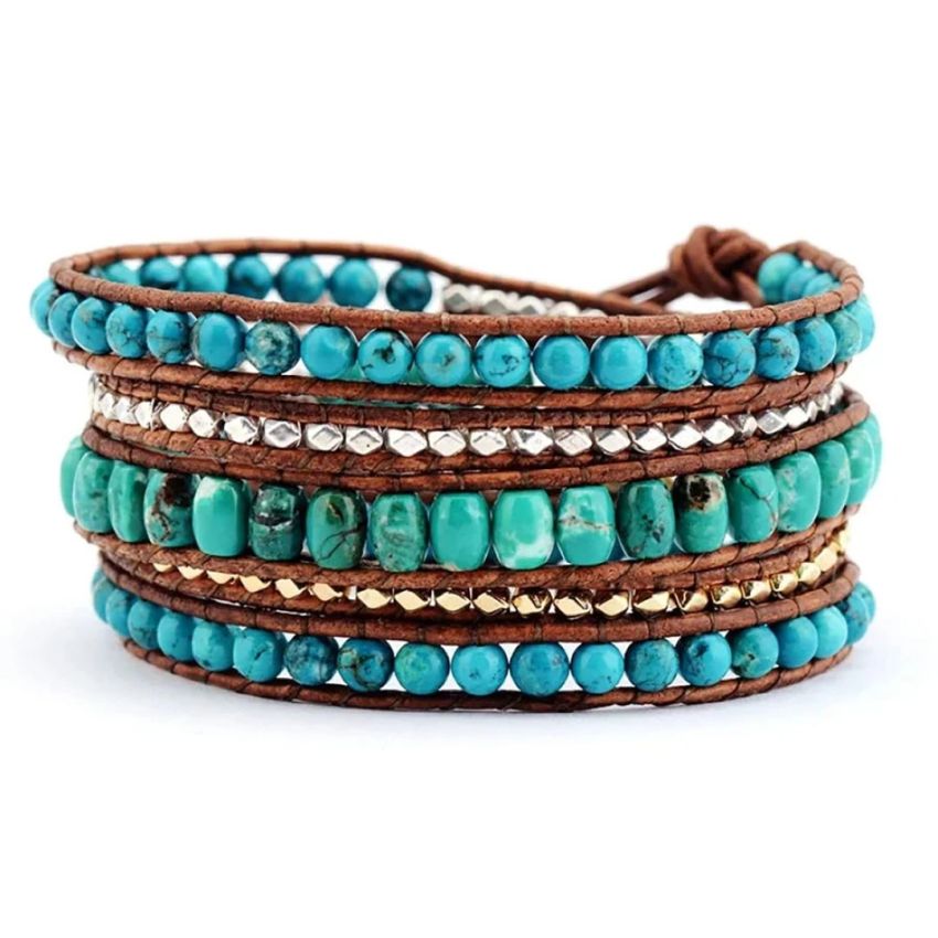 Turquoise 5-Layer Leather Wrap Gemstone Bracelet