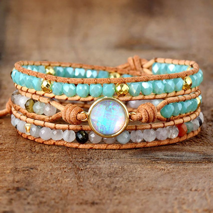 Clear Quartz, Agate & Opal Rhinestone Leather Wrap Bracelet