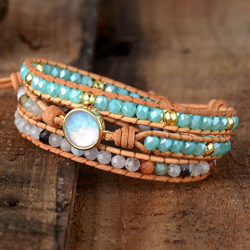 Clear Quartz, Agate & Opal Rhinestone Leather Wrap Bracelet