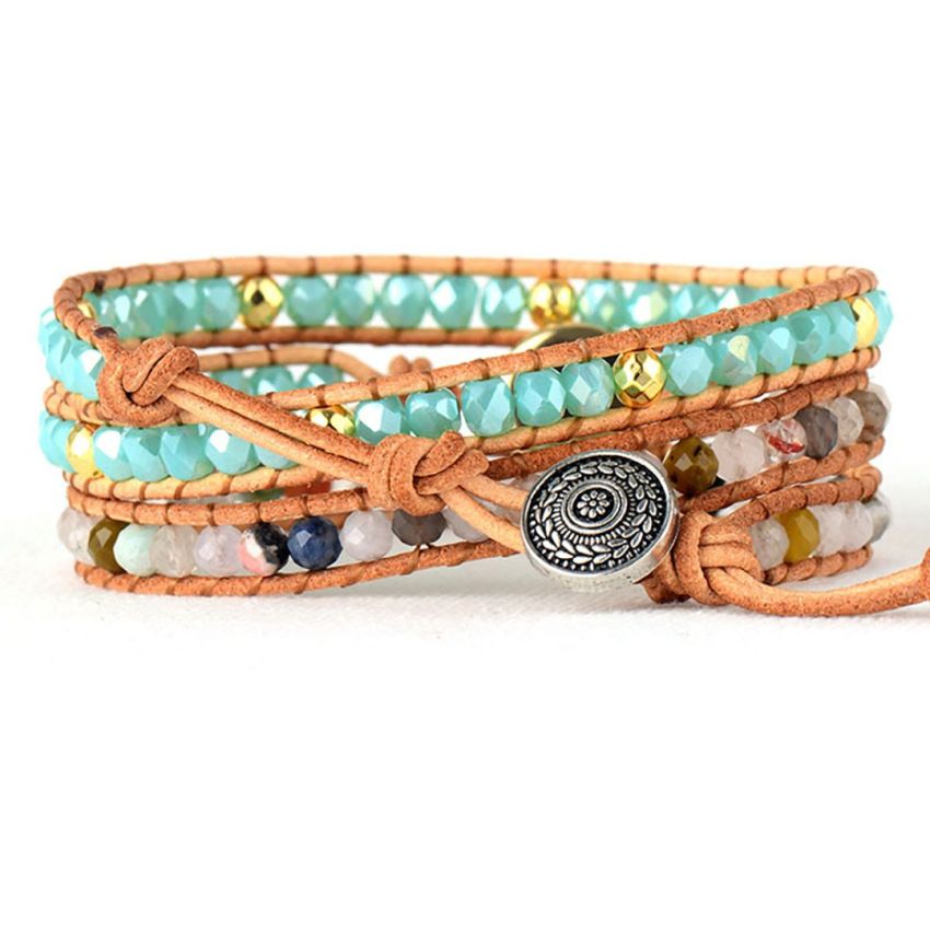 Clear Quartz, Agate & Opal Rhinestone Leather Wrap Bracelet