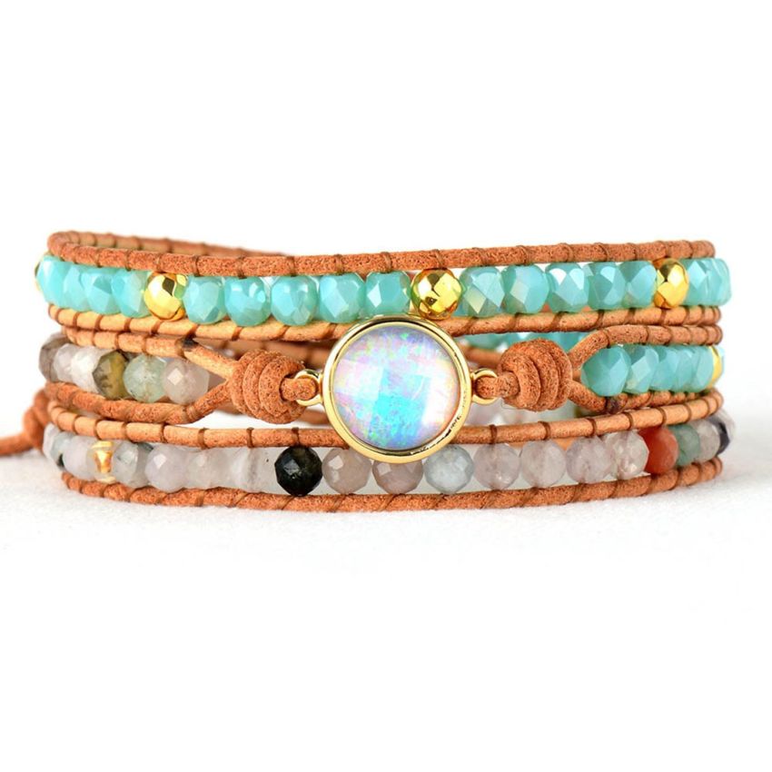 Clear Quartz, Agate & Opal Rhinestone Leather Wrap Bracelet