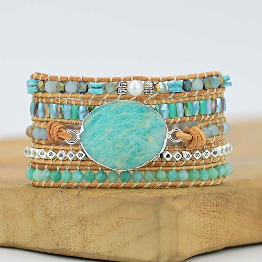 Amazonite 5-Layer Leather Wrap Gemstone Bracelet