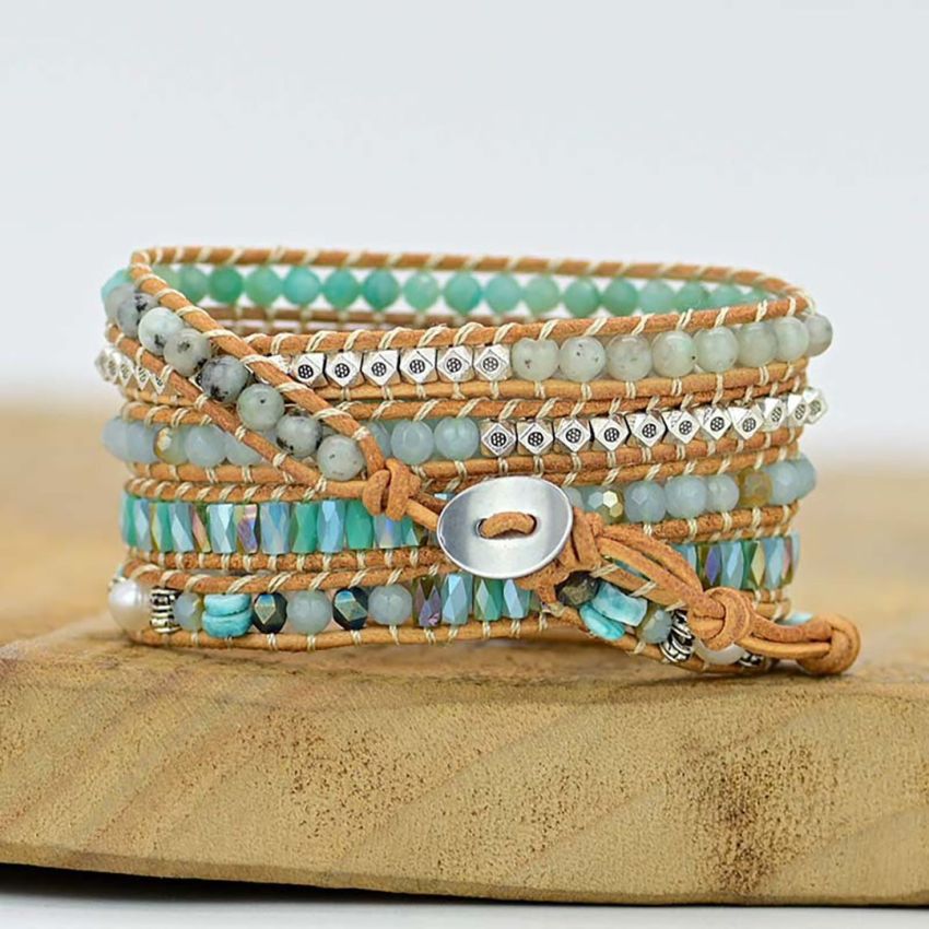 Amazonite 5-Layer Leather Wrap Gemstone Bracelet
