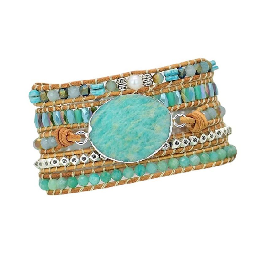 Amazonite 5-Layer Leather Wrap Gemstone Bracelet