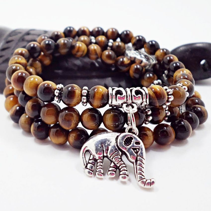 Multi-Layer Tiger Eye Beaded Bracelet with Elephant Charm