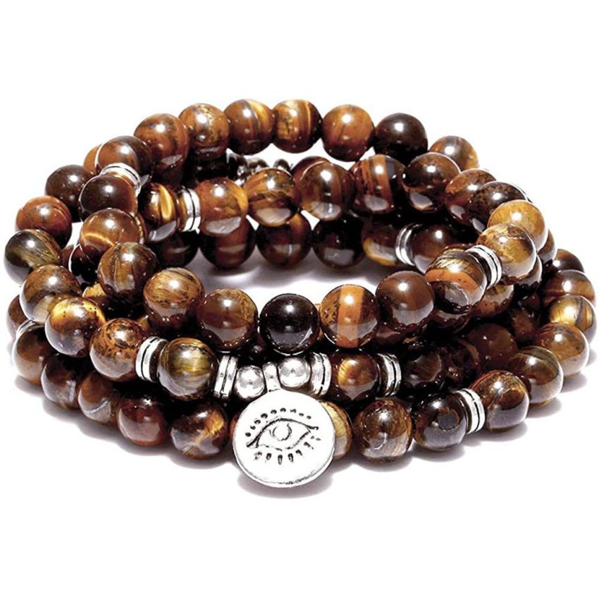 108 Bead Tiger Eye Mala Bracelet with Spiritual Charm