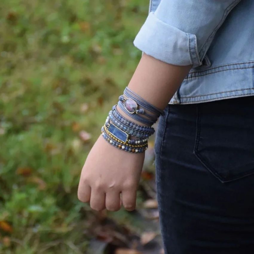 Blue Topaz & Healing Gemstone 5-Layer Leather Wrap Bracelet