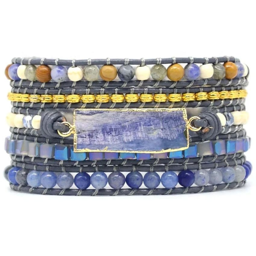 Blue Topaz & Healing Gemstone 5-Layer Leather Wrap Bracelet