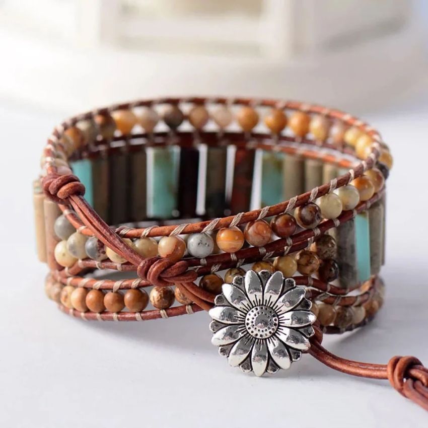 Natural Jasper & Sunflower Charm Leather Wrap Bracelet