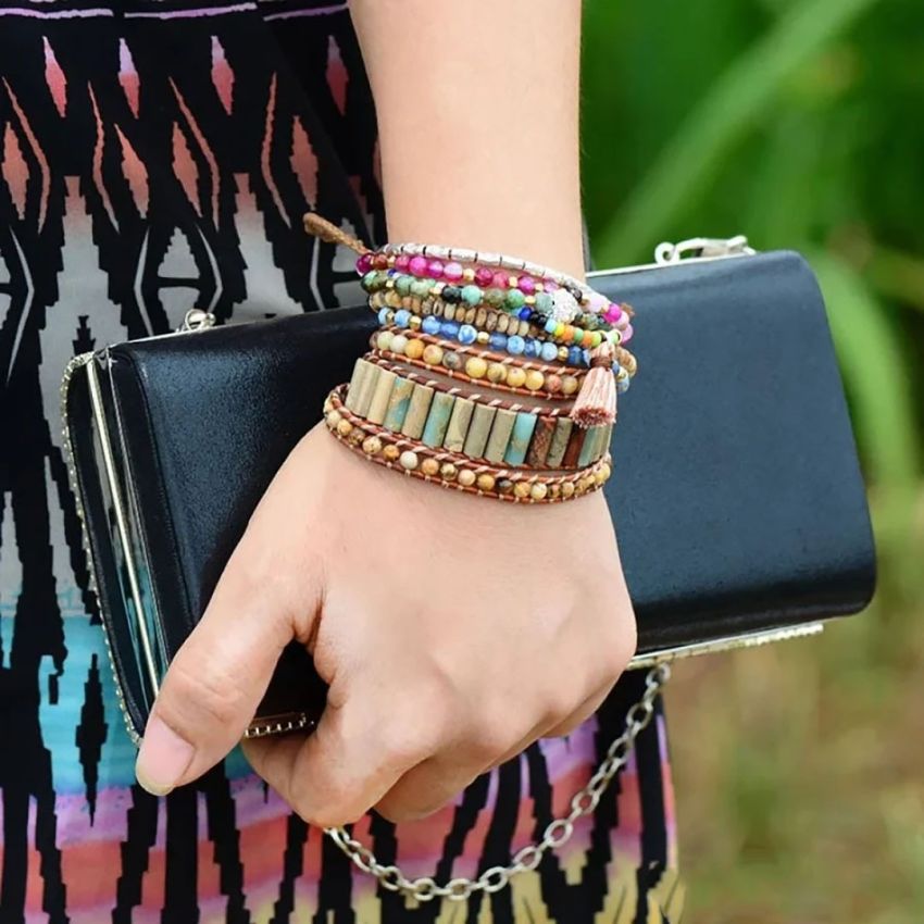 Natural Jasper & Sunflower Charm Leather Wrap Bracelet