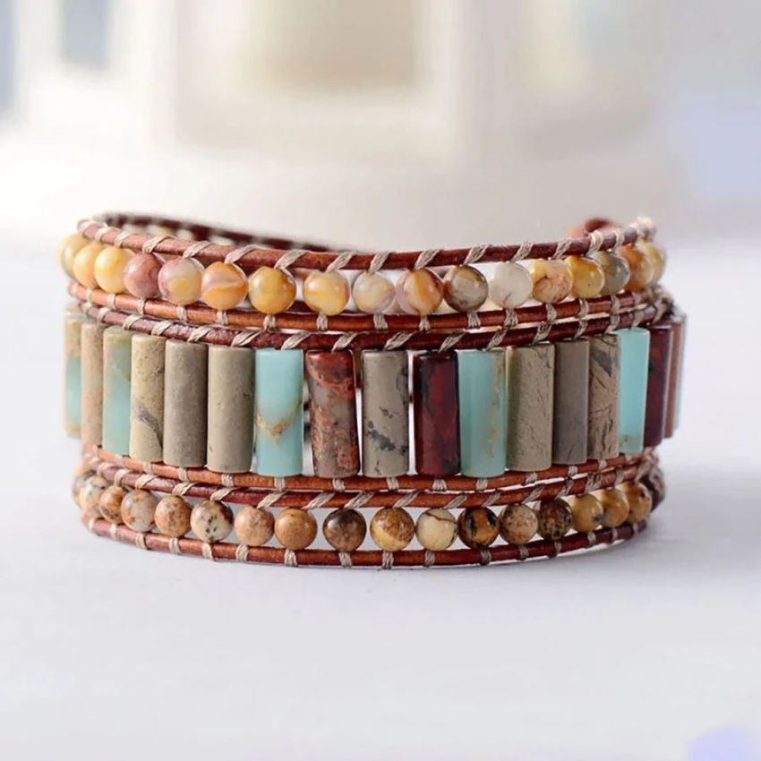 Natural Jasper & Sunflower Charm Leather Wrap Bracelet
