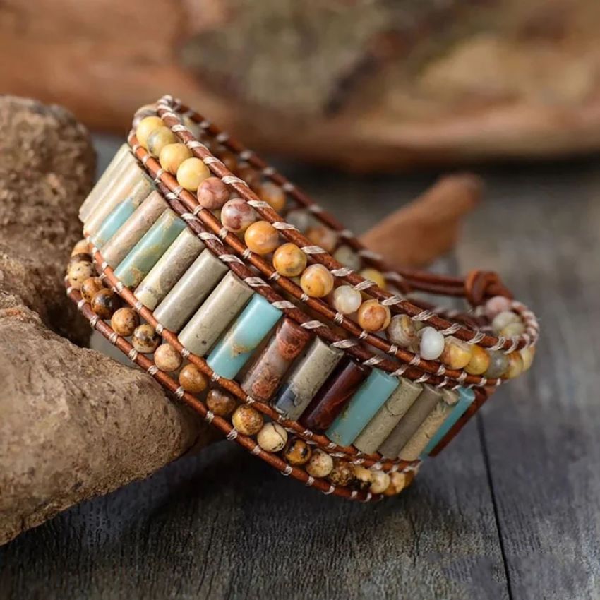 Natural Jasper & Sunflower Charm Leather Wrap Bracelet