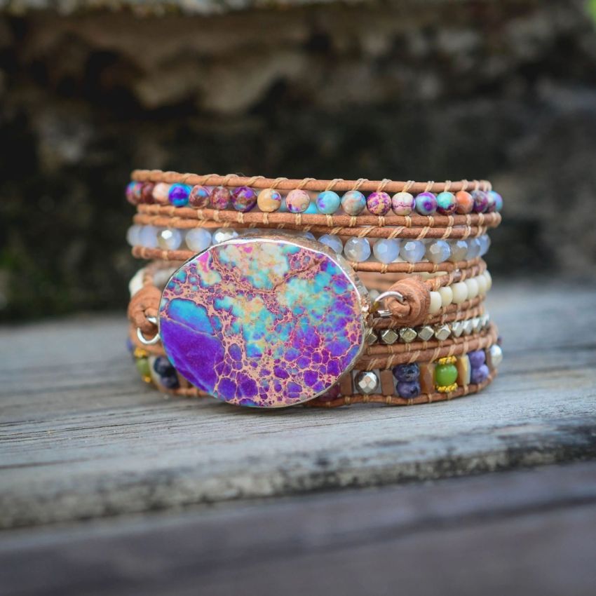 Purple & Turquoise Jasper Adjustable Leather Wrap Bracelet