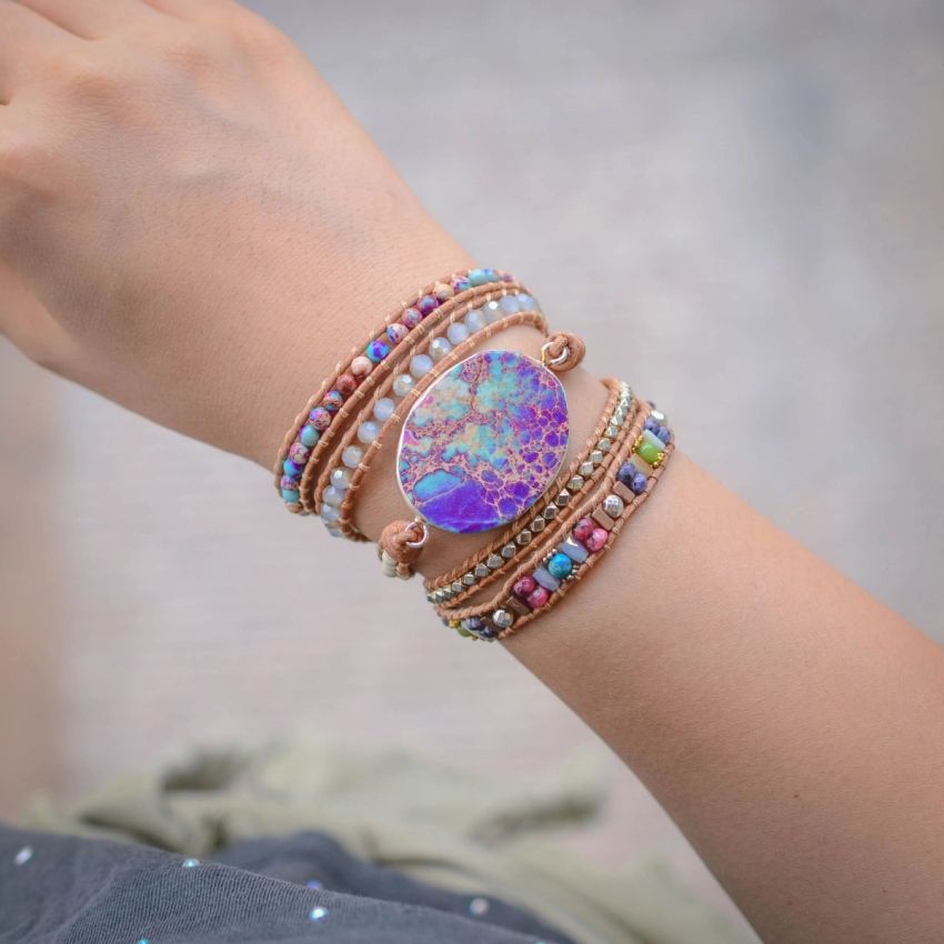 Purple & Turquoise Jasper Adjustable Leather Wrap Bracelet