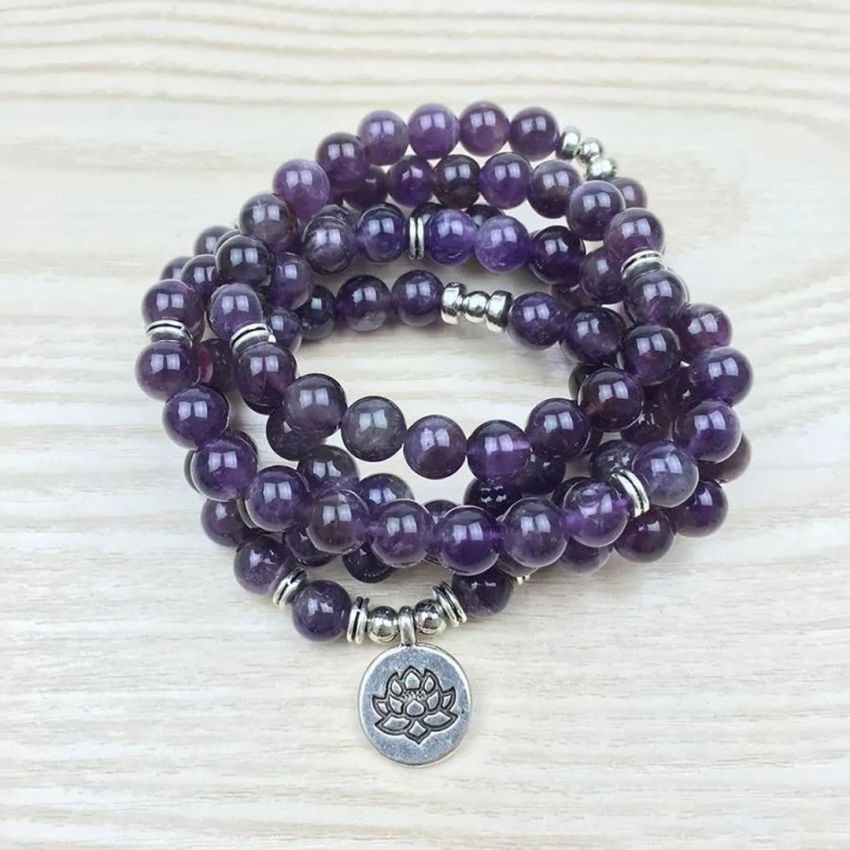 108 Bead Amethyst Mala Bracelet – with Spiritual Charm