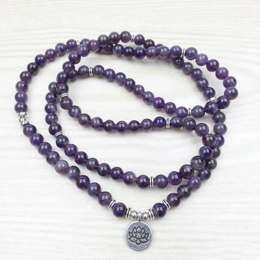 108 Bead Amethyst Mala Bracelet – with Spiritual Charm