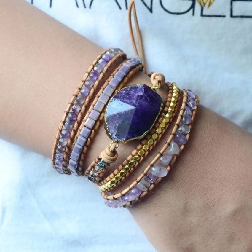 Natural Amethyst 5-Layer Leather Wrap Bracelet