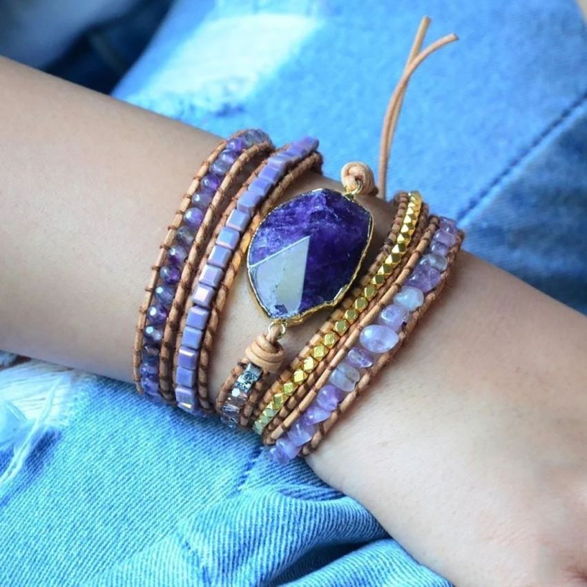 Natural Amethyst 5-Layer Leather Wrap Bracelet