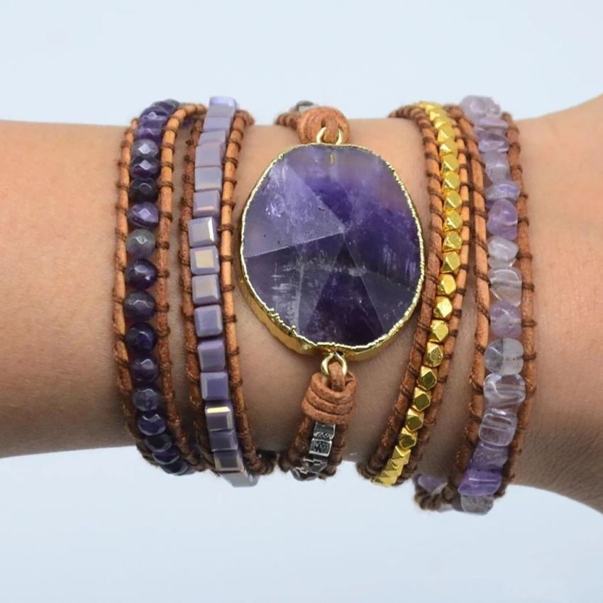 Natural Amethyst 5-Layer Leather Wrap Bracelet