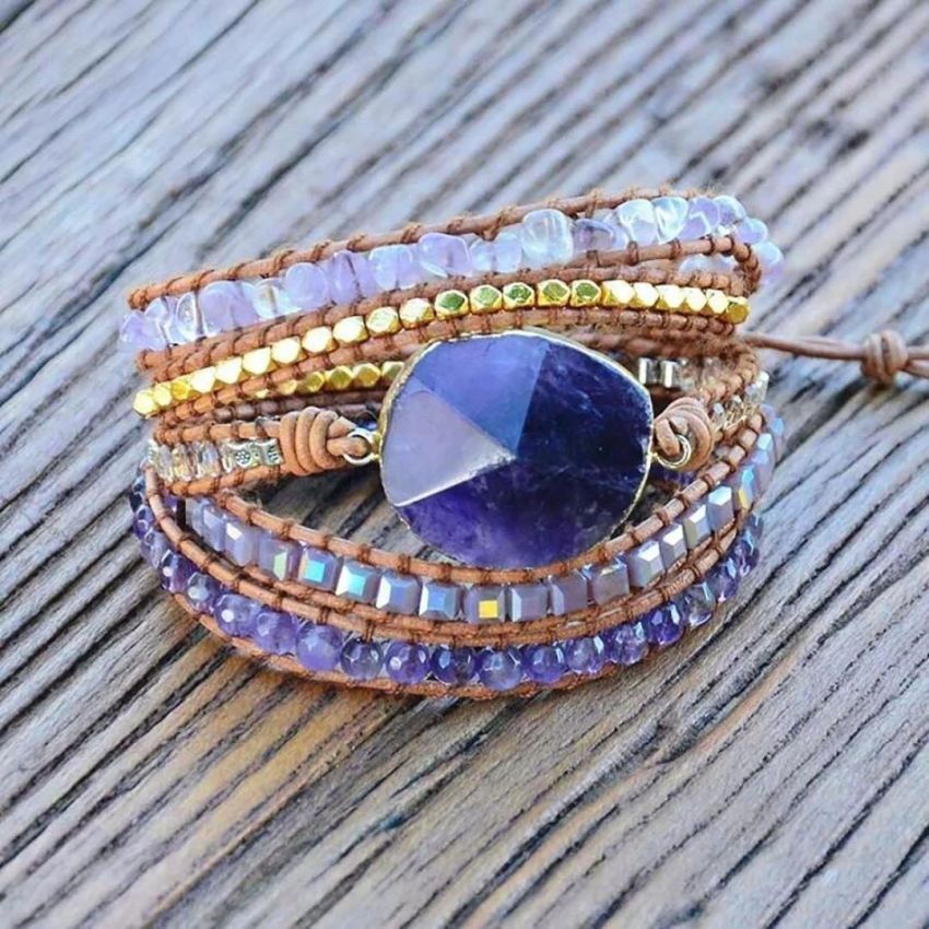 Natural Amethyst 5-Layer Leather Wrap Bracelet