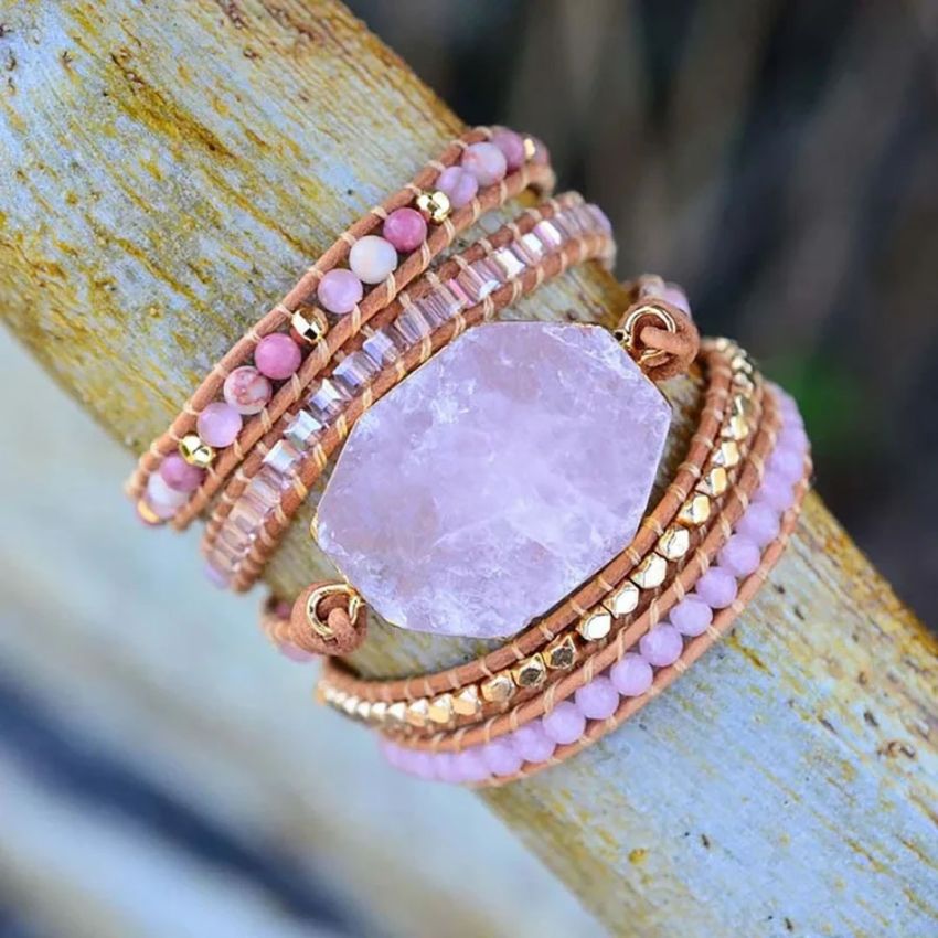Rose Quartz & Rhodonite Heart Chakra Leather Wrap Bracelet