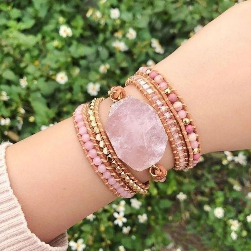 Rose Quartz & Rhodonite Heart Chakra Leather Wrap Bracelet