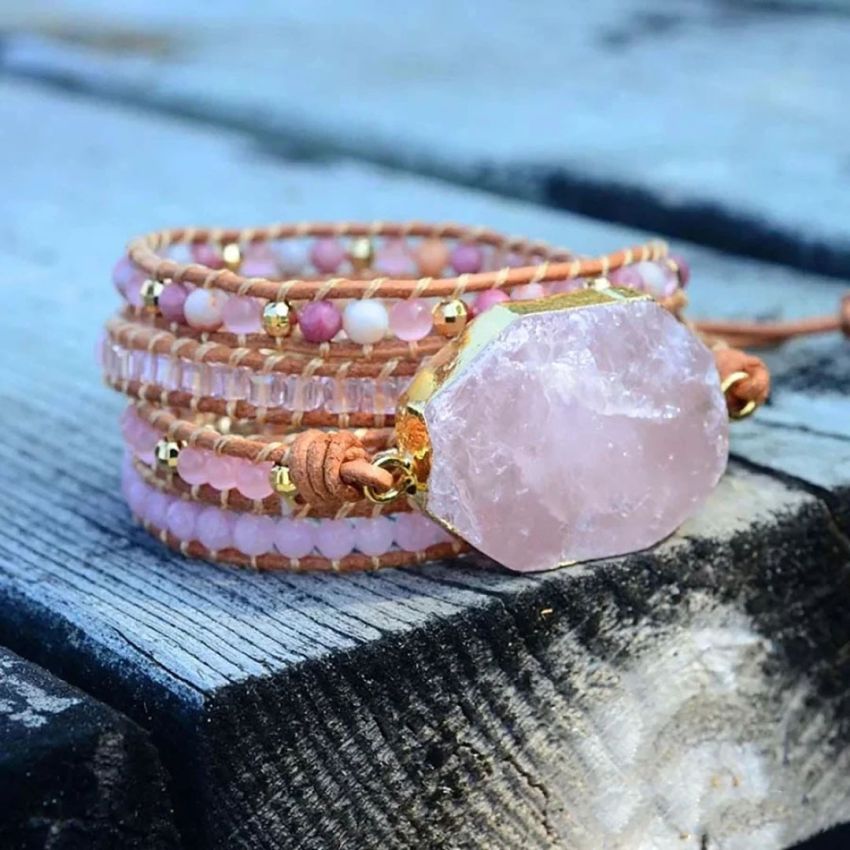 Rose Quartz & Rhodonite Heart Chakra Leather Wrap Bracelet