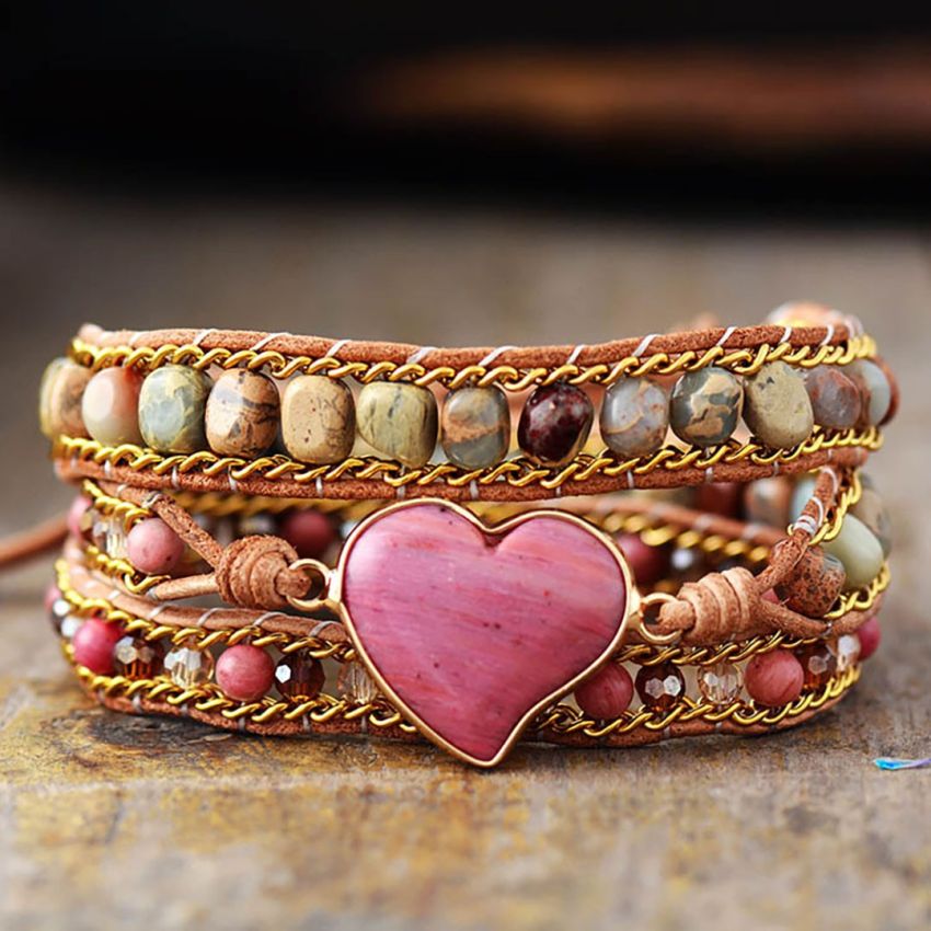 Rhodonite & Jasper Heart Chakra Wrap Bracelet – Handmade Healing Jewelry