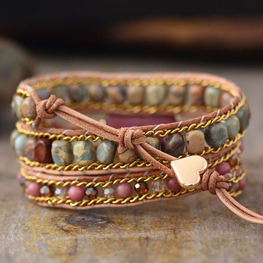 Rhodonite & Jasper Heart Chakra Wrap Bracelet – Handmade Healing Jewelry