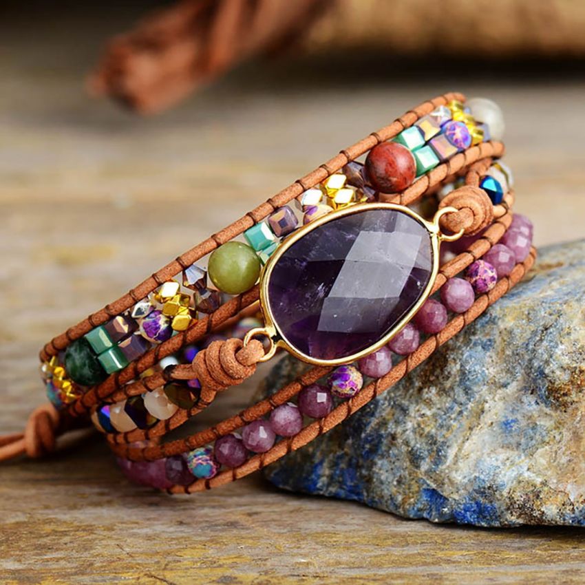 Lepidolite & Amethyst 3-Layer Wrap Bracelet – Handmade Healing Jewelry