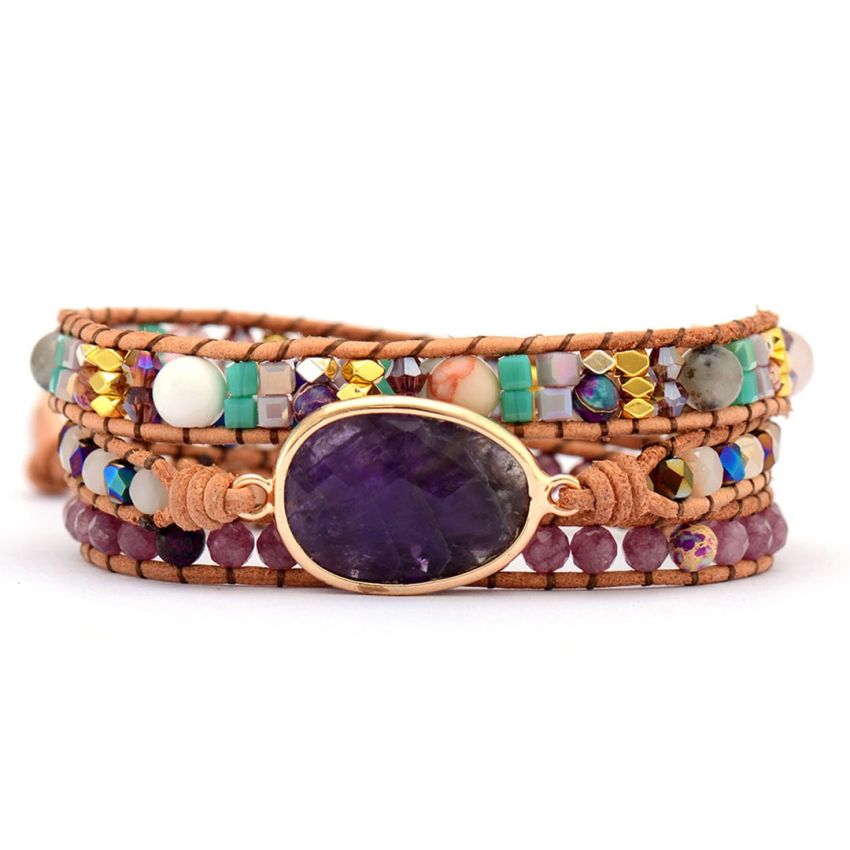 Lepidolite & Amethyst 3-Layer Wrap Bracelet – Handmade Healing Jewelry