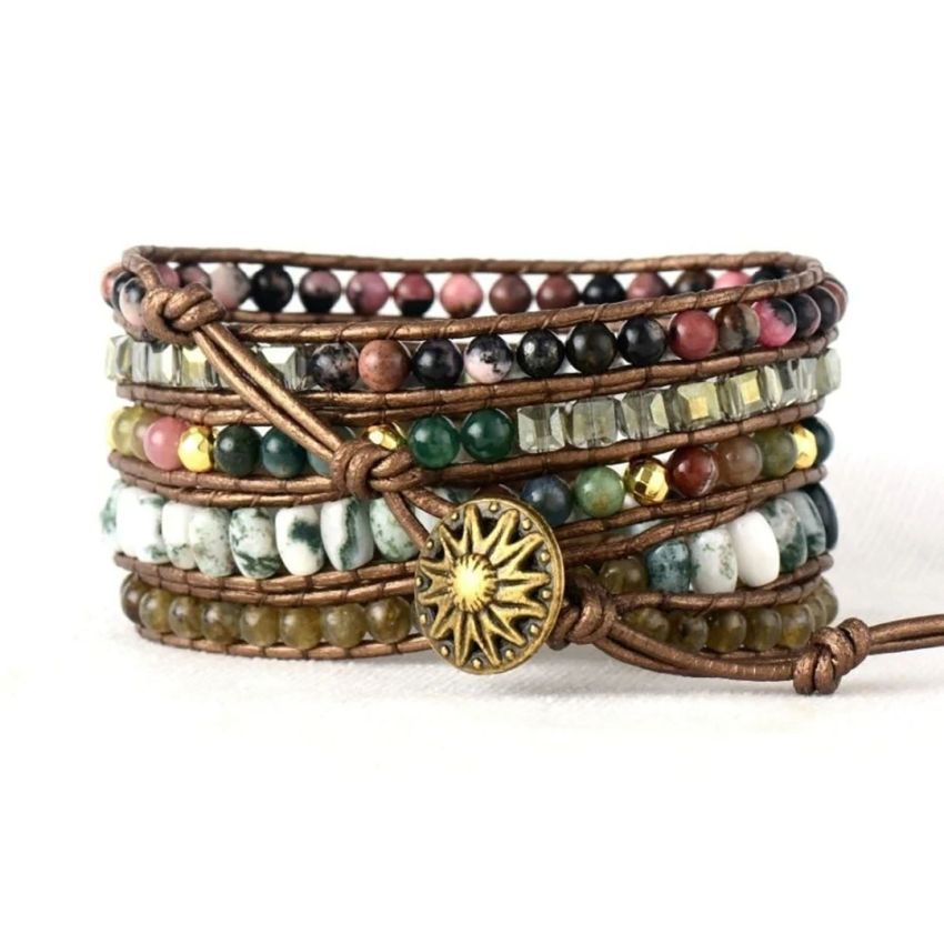 Labradorite, Rhodochrosite & Moss Agate 5-Layer Chakra Wrap Bracelet