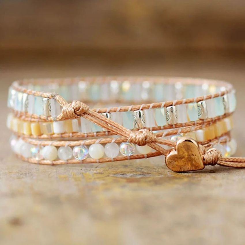 Moonstone & Rainbow Beads 3-Layer Vegan Wrap Bracelet