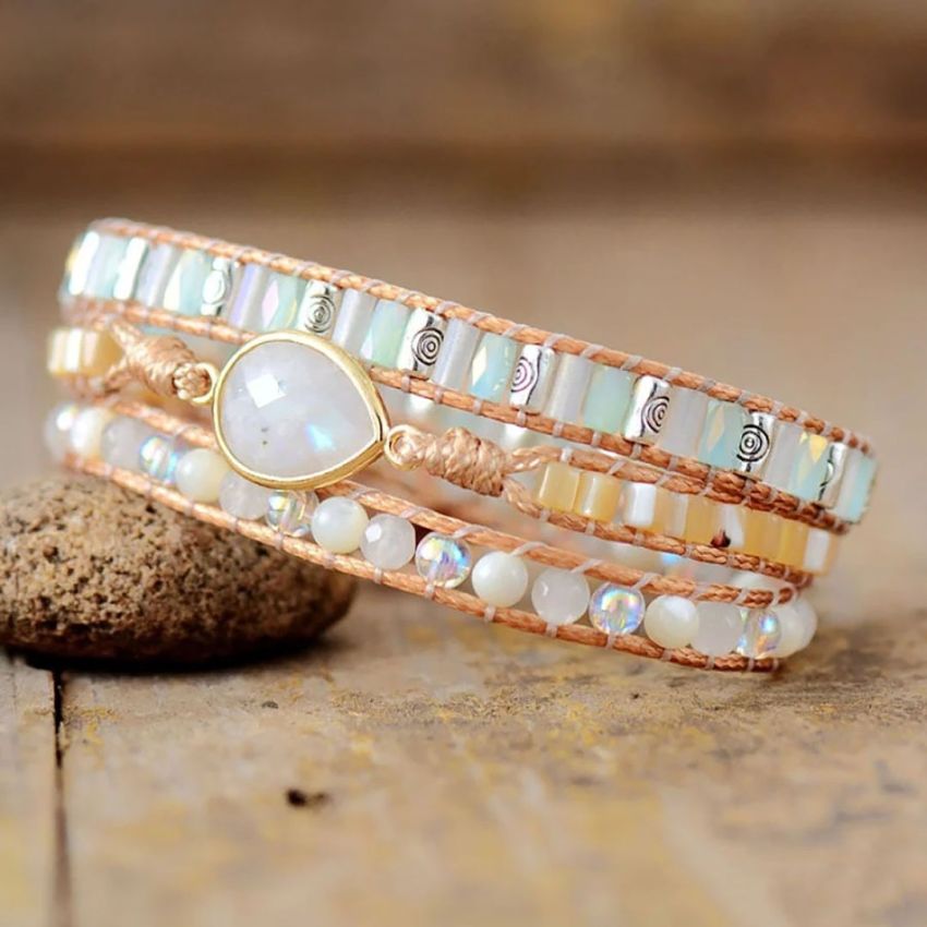 Moonstone & Rainbow Beads 3-Layer Vegan Wrap Bracelet