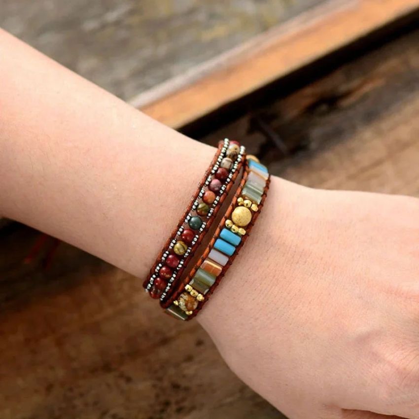 Jasper & Crystal Boho Leather Wrap Bracelet