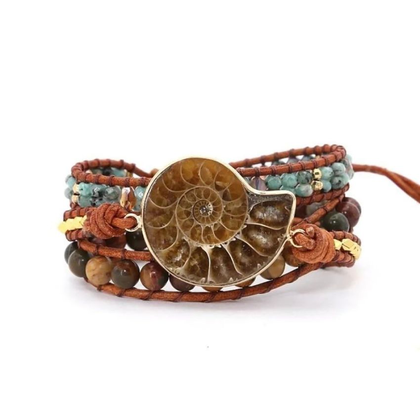 African Turquoise, Jasper & Ammonite Leather Wrap Bracelet