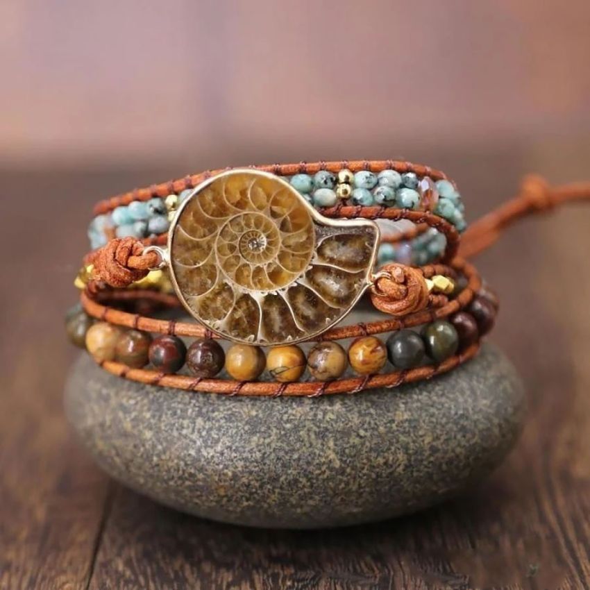 African Turquoise, Jasper & Ammonite Leather Wrap Bracelet