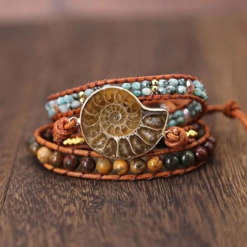 African Turquoise, Jasper & Ammonite Leather Wrap Bracelet