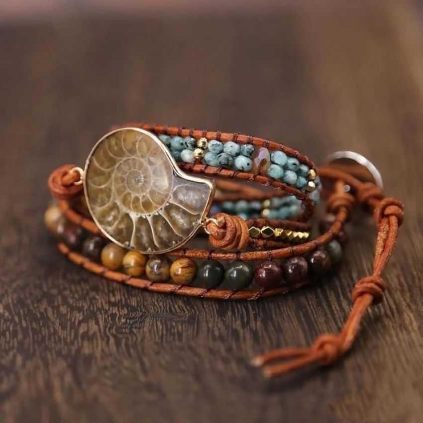 African Turquoise, Jasper & Ammonite Leather Wrap Bracelet